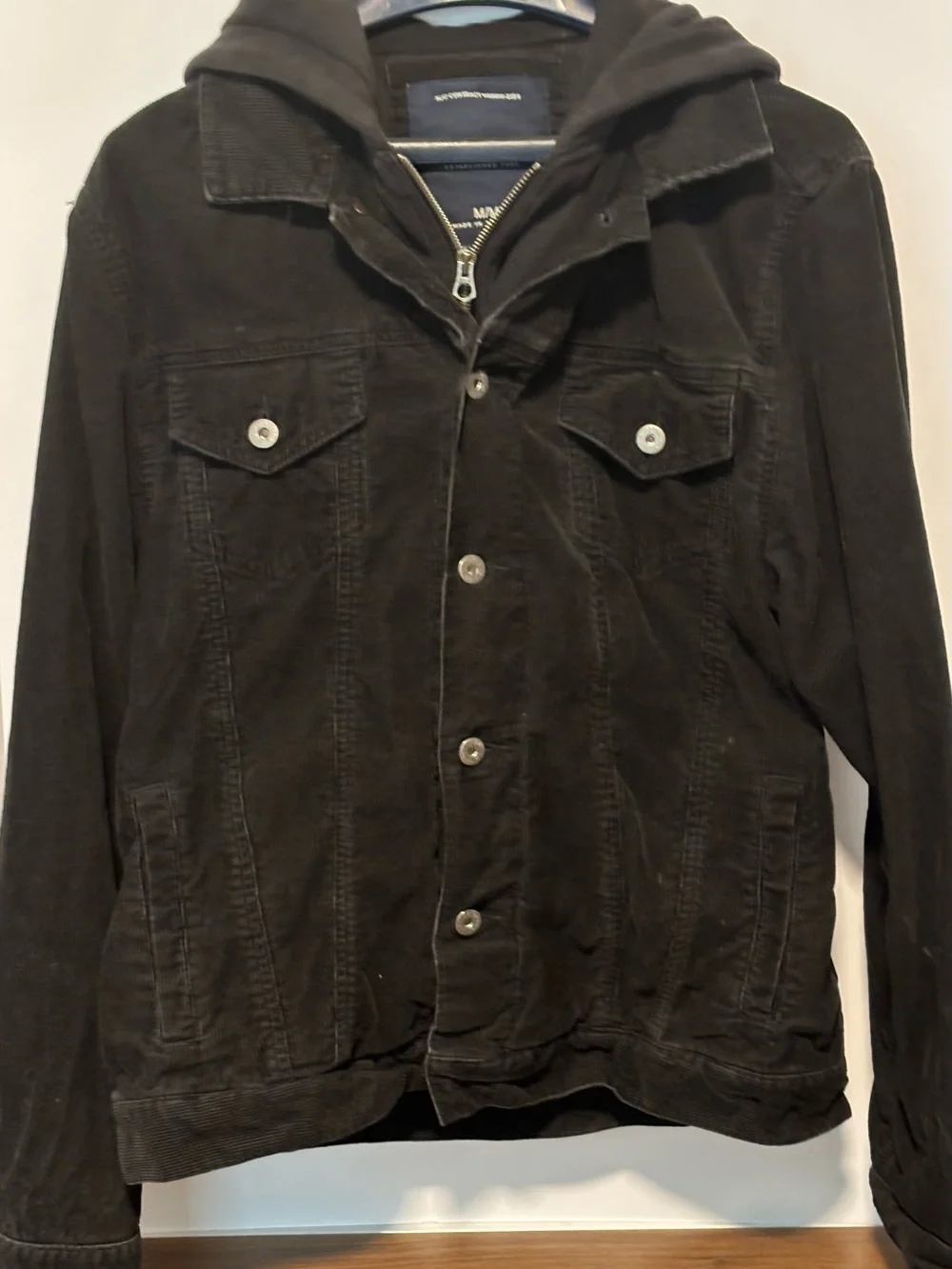 Nautica Men’s Black corduroy jacket with hood liner size medium